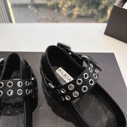 ALAIA 26S FLATS IN BLACK CALFSKIN WITH SILVER STUD STRAP