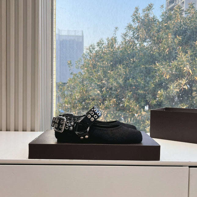 ALAIA 26S FLATS IN BLACK PONY HAIR WITH SILVER STUD STRAP