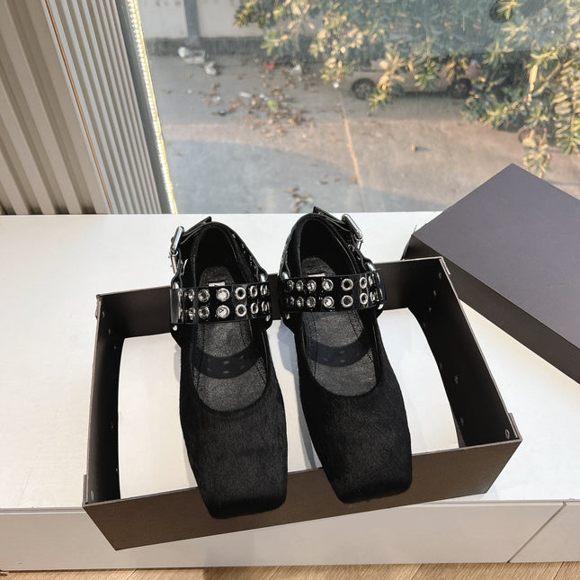 ALAIA 26S FLATS IN BLACK PONY HAIR WITH SILVER STUD STRAP