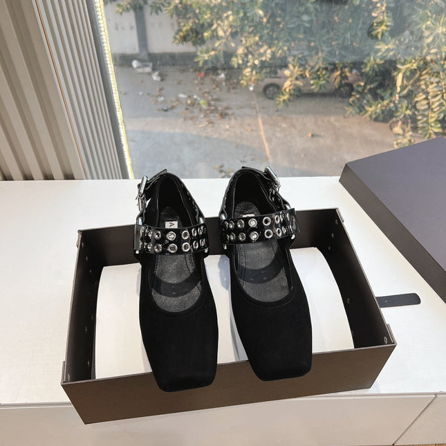 ALAIA 26S FLATS IN BLACK SUEDE WITH SILVER STUD STRAP