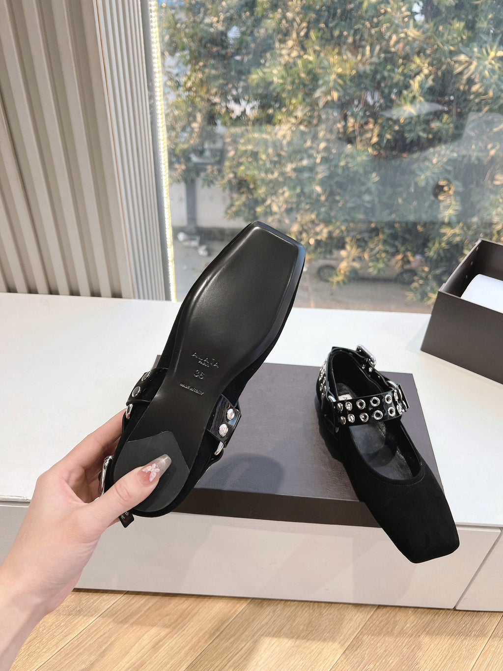 ALAIA 26S FLATS IN BLACK SUEDE WITH SILVER STUD STRAP
