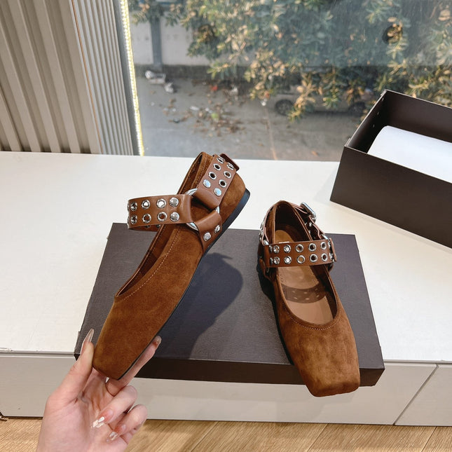 ALAIA 26S FLATS IN BROWN SUEDE WITH SILVER STUD STRAP