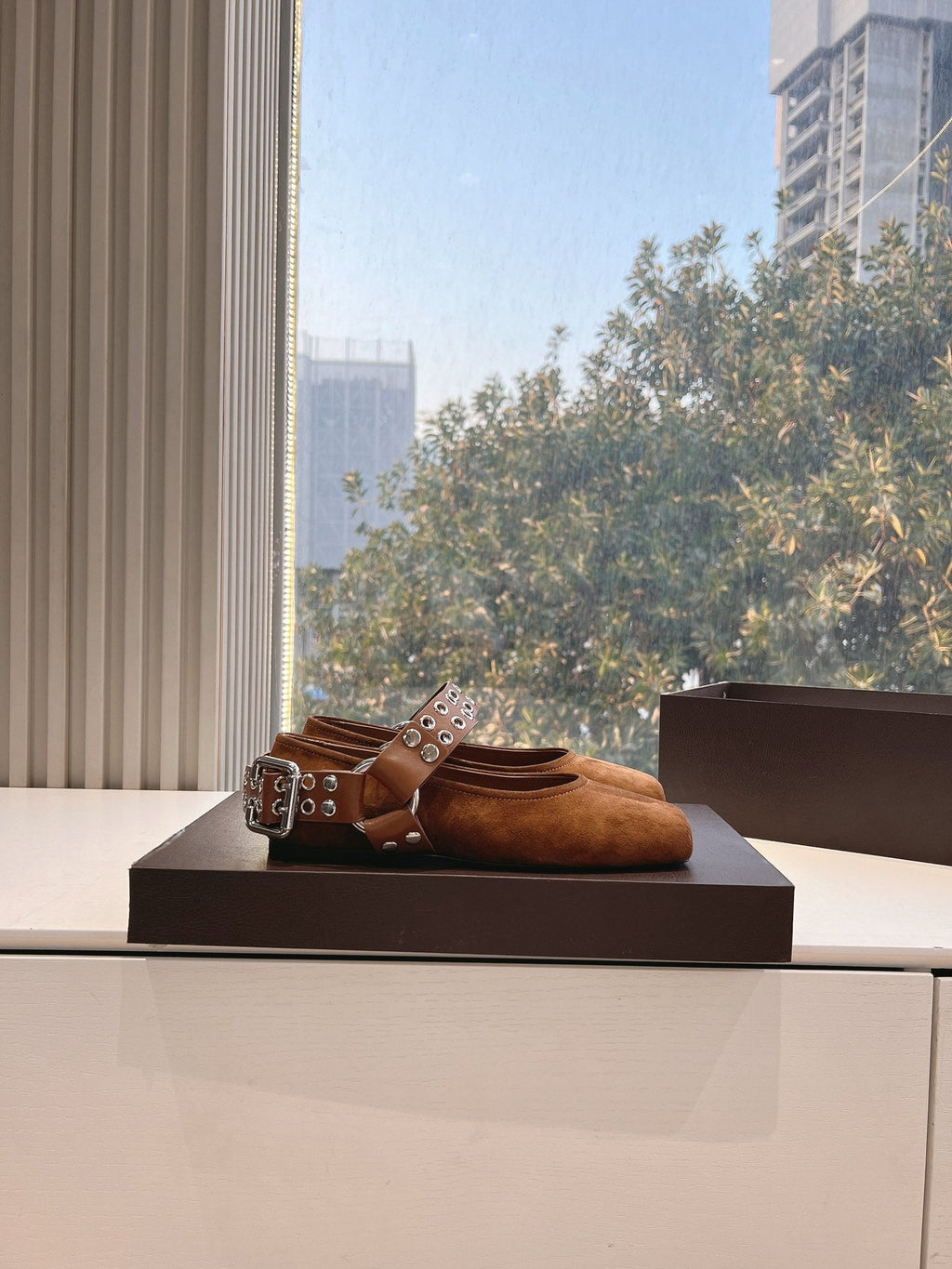 ALAIA 26S FLATS IN BROWN SUEDE WITH SILVER STUD STRAP