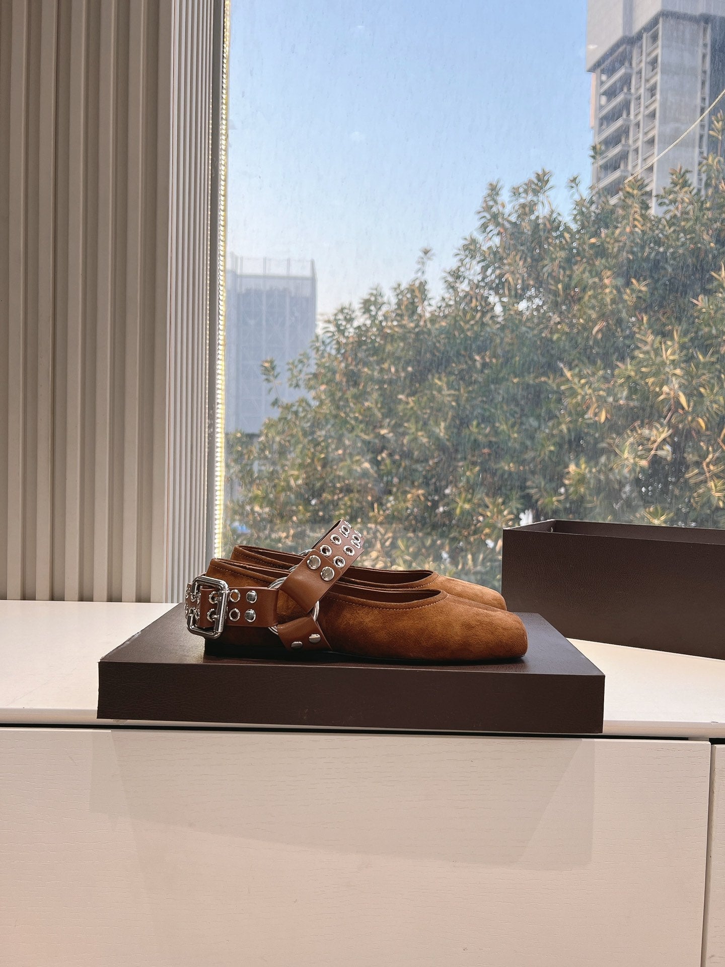 ALAIA 26S FLATS IN BROWN SUEDE WITH SILVER STUD STRAP