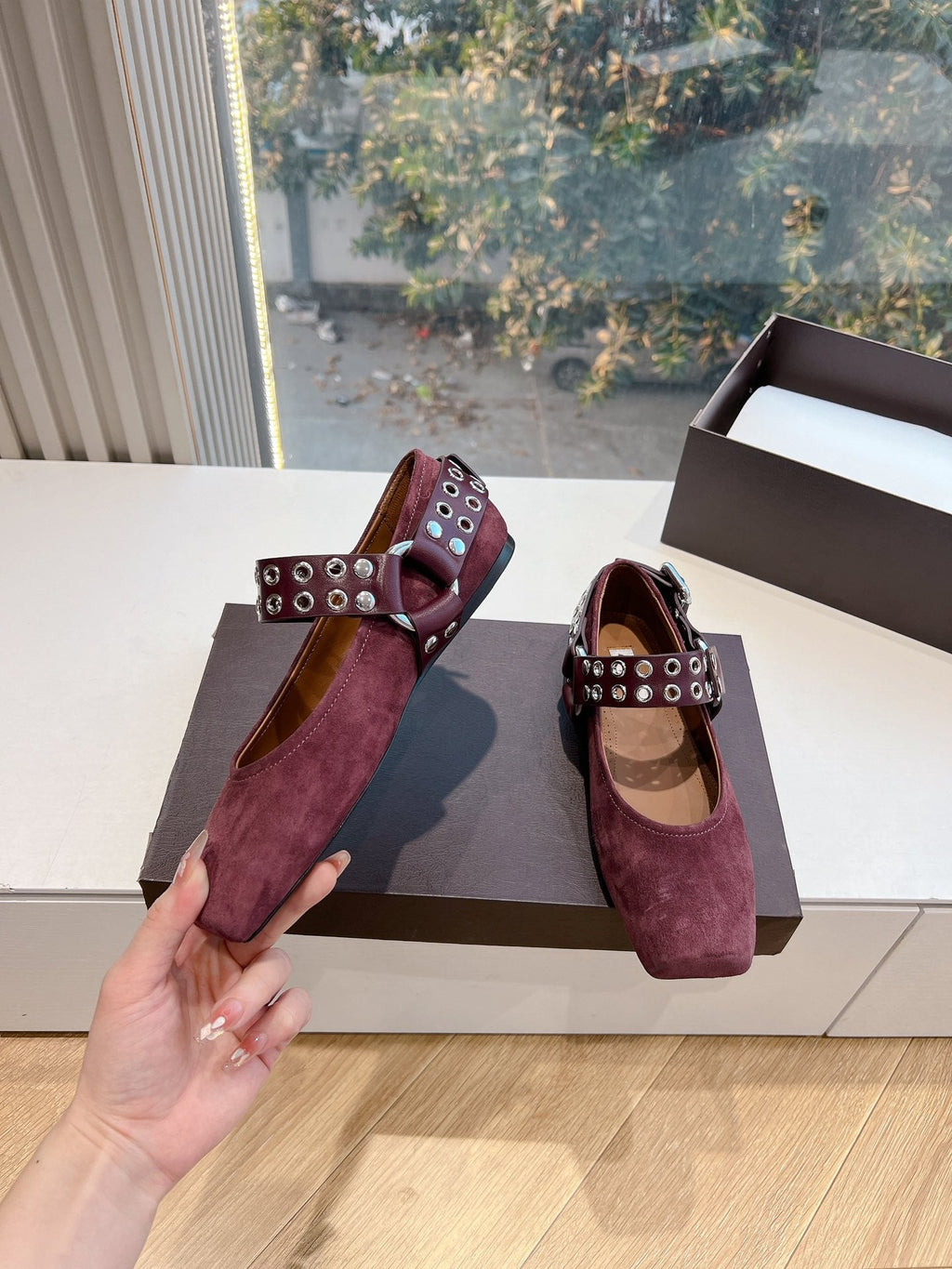 ALAIA 26S FLATS IN DARK RED SUEDE WITH SILVER STUD STRAP
