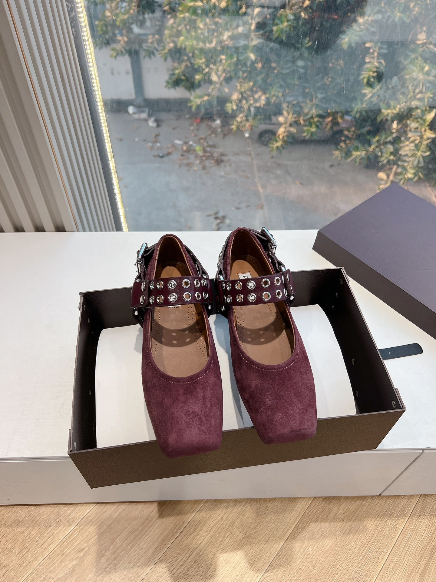 ALAIA 26S FLATS IN DARK RED SUEDE WITH SILVER STUD STRAP