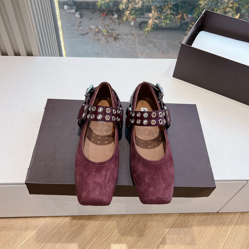 ALAIA 26S FLATS IN DARK RED SUEDE WITH SILVER STUD STRAP