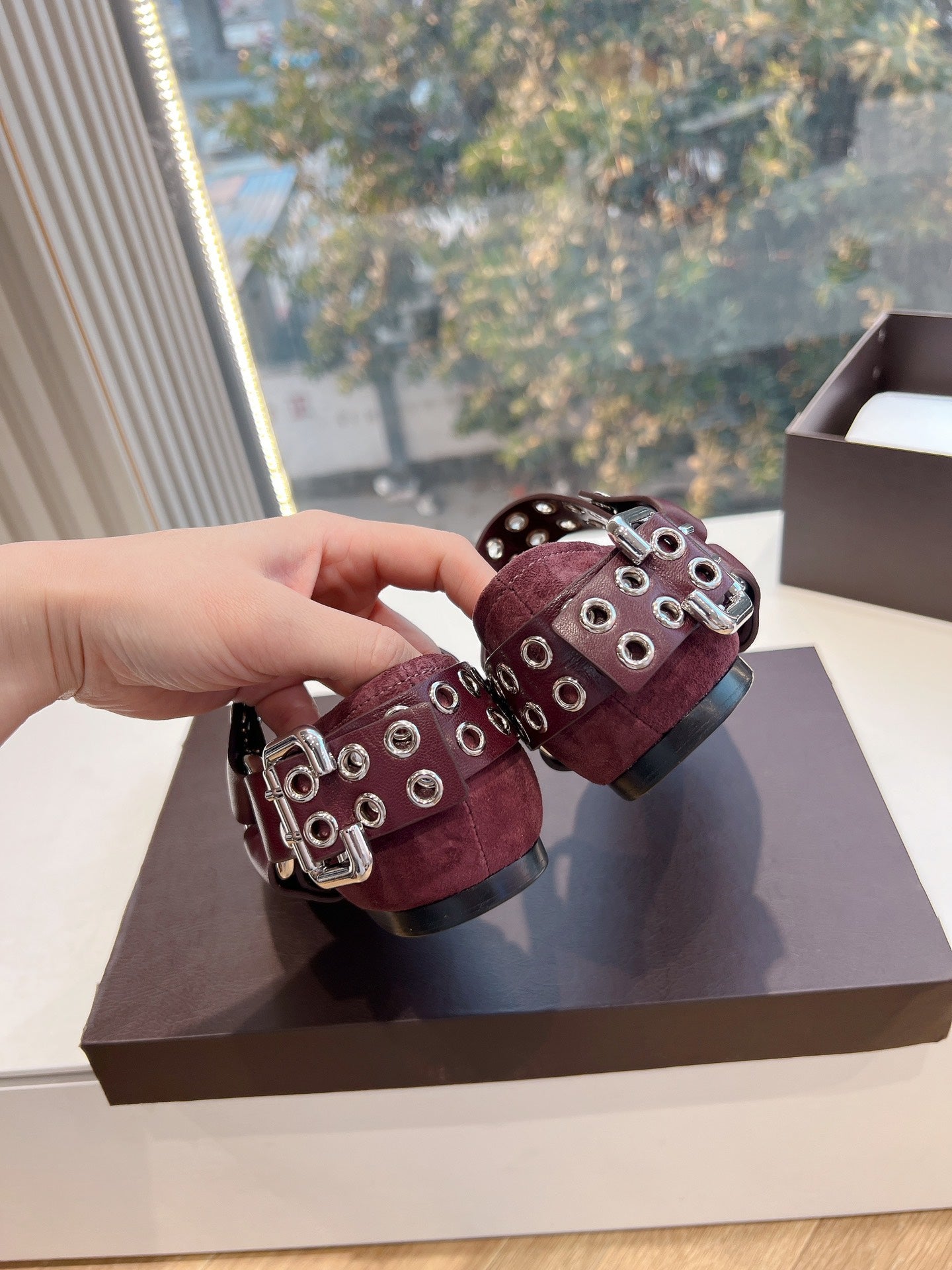 ALAIA 26S FLATS IN DARK RED SUEDE WITH SILVER STUD STRAP