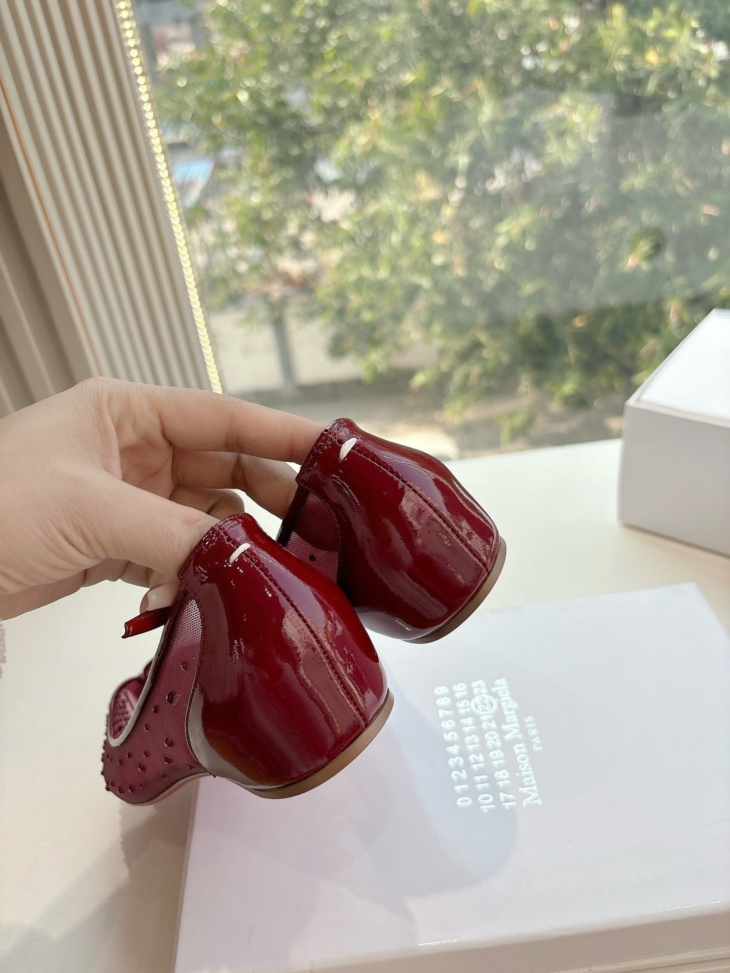 CRYSTAL STUDDED MARLOUGIELA STRASS BALLERINAS IN BURGUNDY RED CALFSKIN