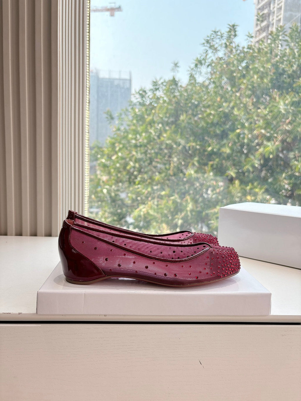 CRYSTAL STUDDED MARLOUGIELA STRASS BALLERINAS IN BURGUNDY RED CALFSKIN