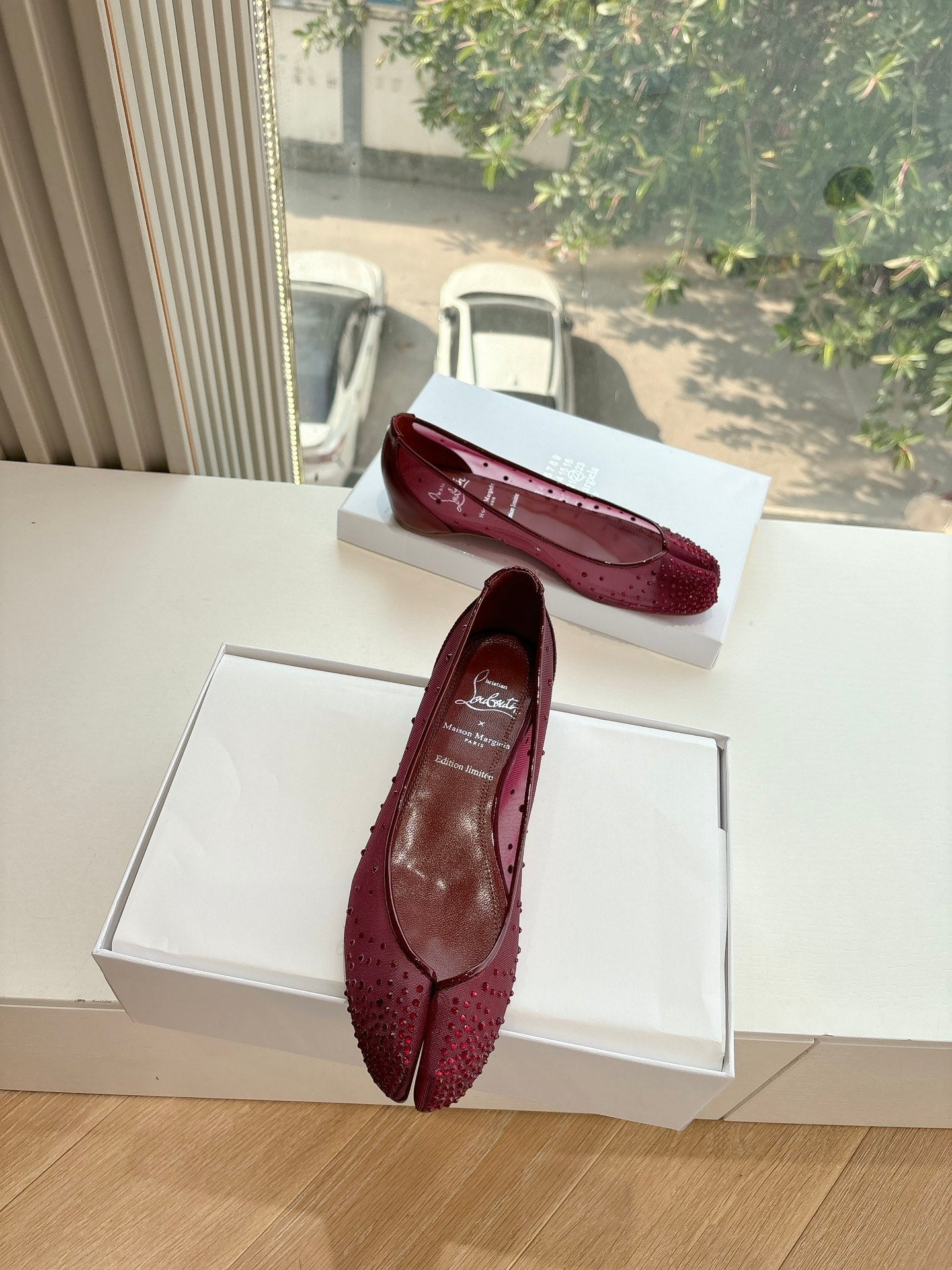 CRYSTAL STUDDED MARLOUGIELA STRASS BALLERINAS IN BURGUNDY RED CALFSKIN