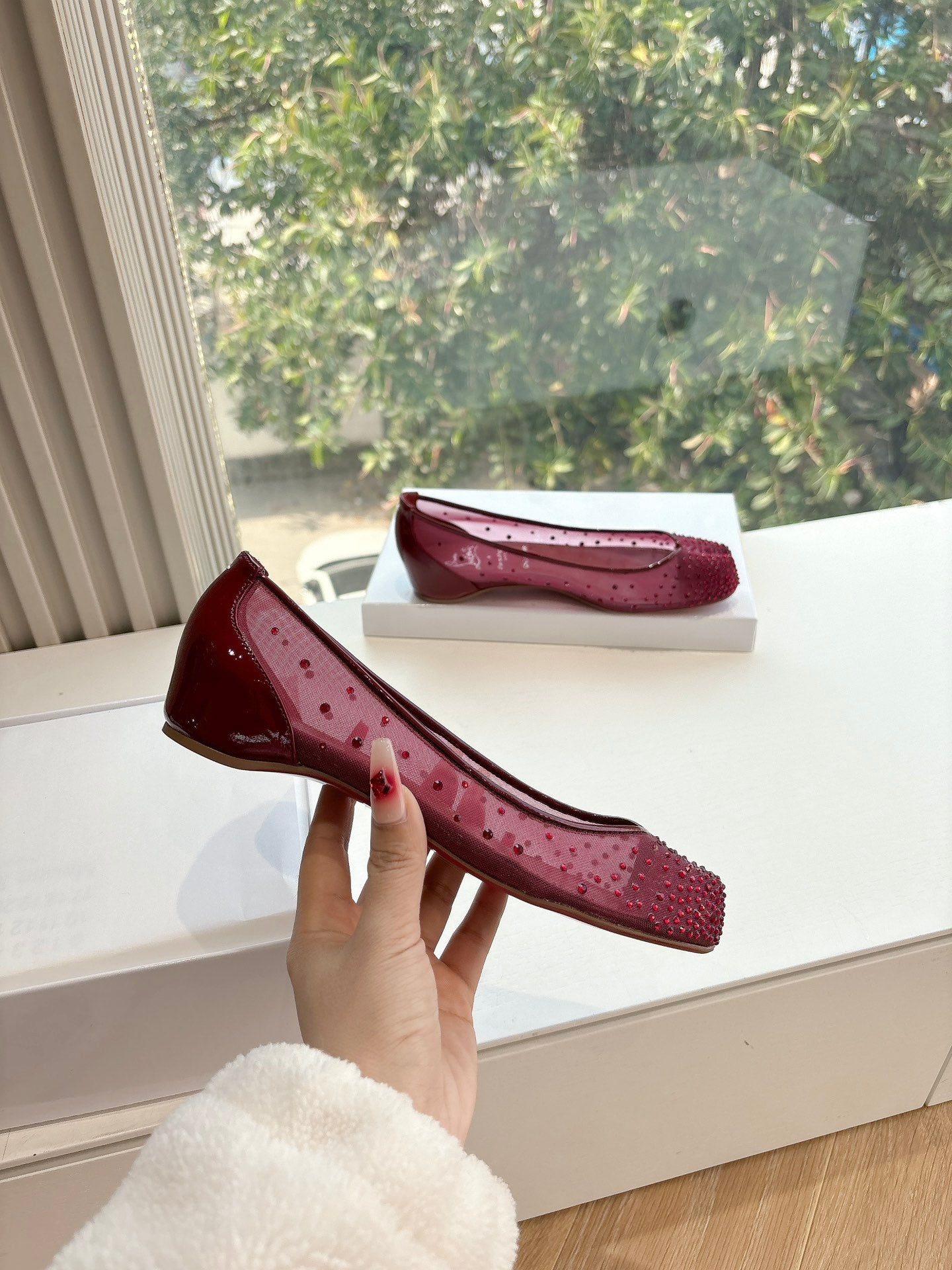 CRYSTAL STUDDED MARLOUGIELA STRASS BALLERINAS IN BURGUNDY RED CALFSKIN
