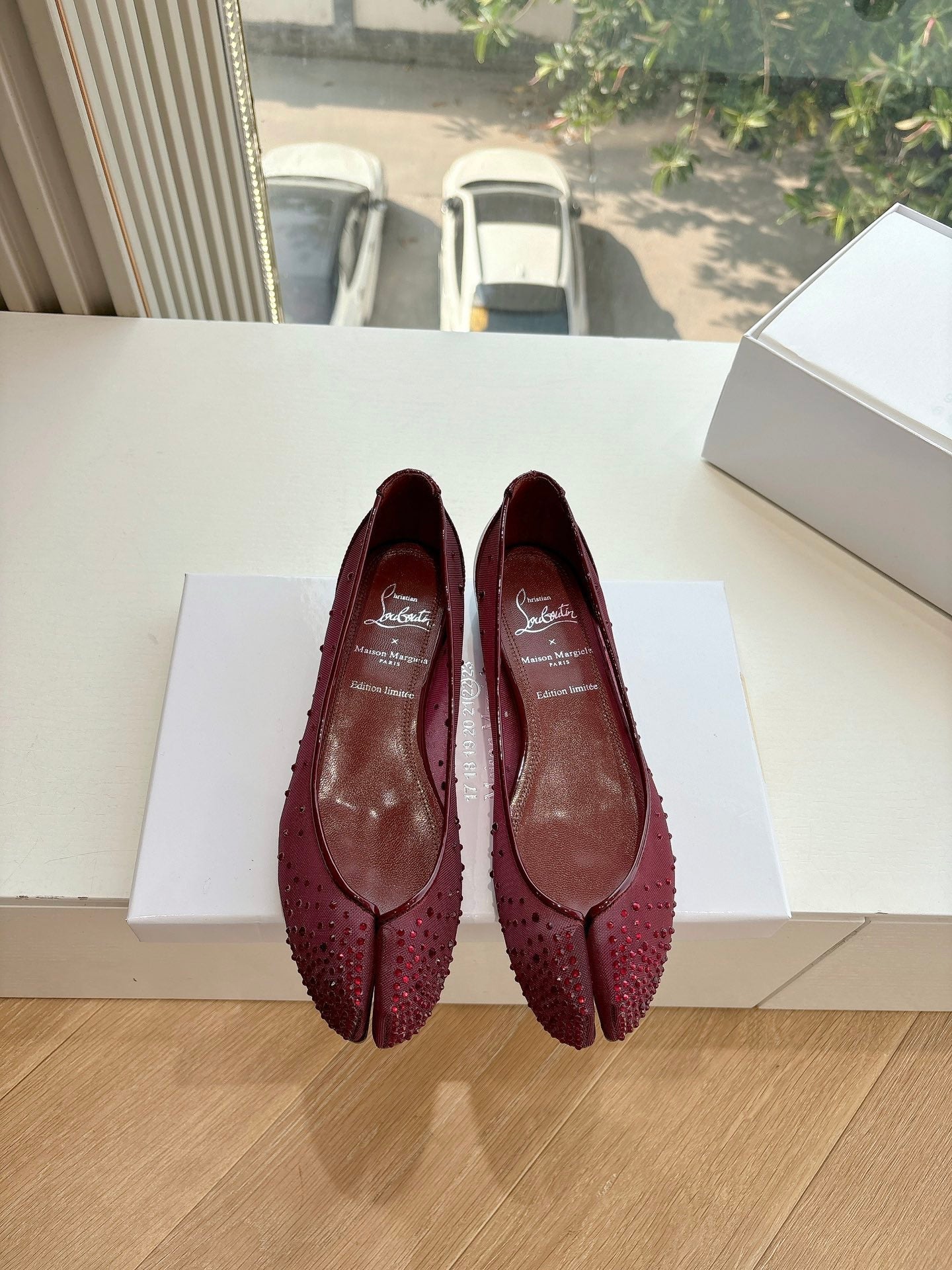 CRYSTAL STUDDED MARLOUGIELA STRASS BALLERINAS IN BURGUNDY RED CALFSKIN