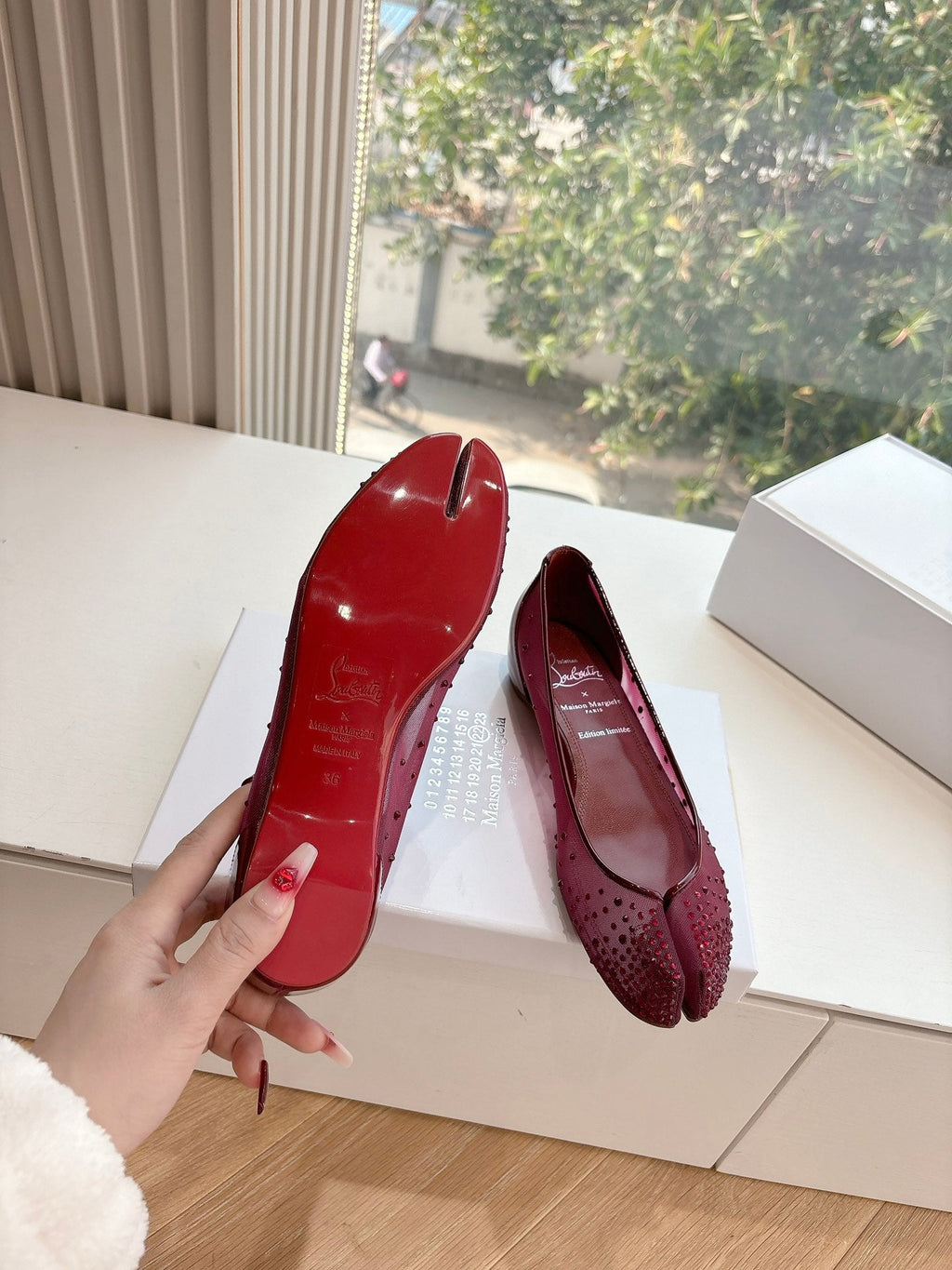 CRYSTAL STUDDED MARLOUGIELA STRASS BALLERINAS IN BURGUNDY RED CALFSKIN