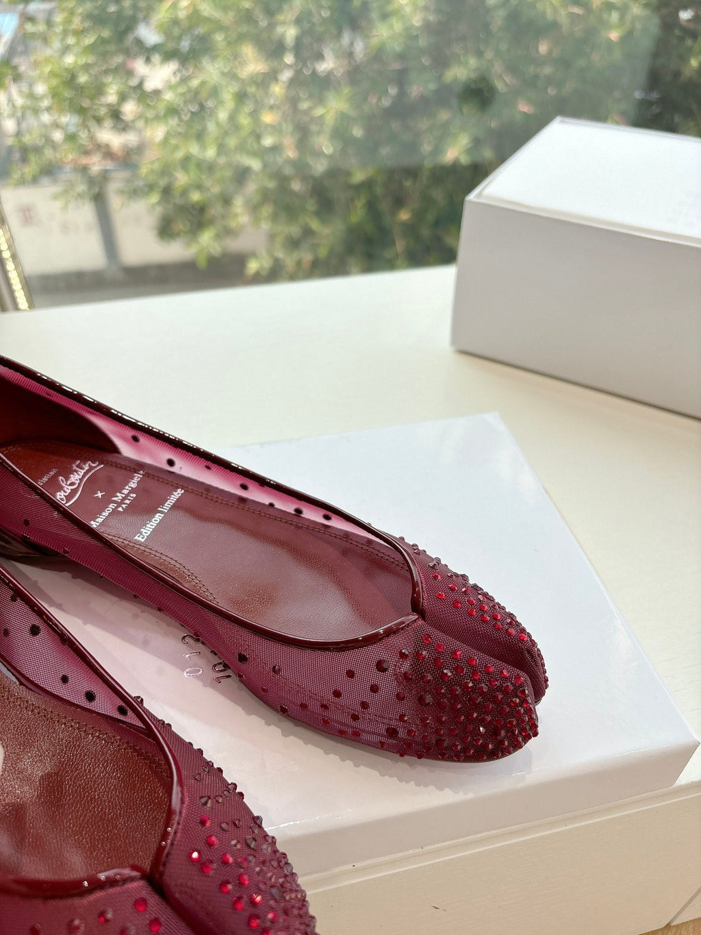 CRYSTAL STUDDED MARLOUGIELA STRASS BALLERINAS IN BURGUNDY RED CALFSKIN