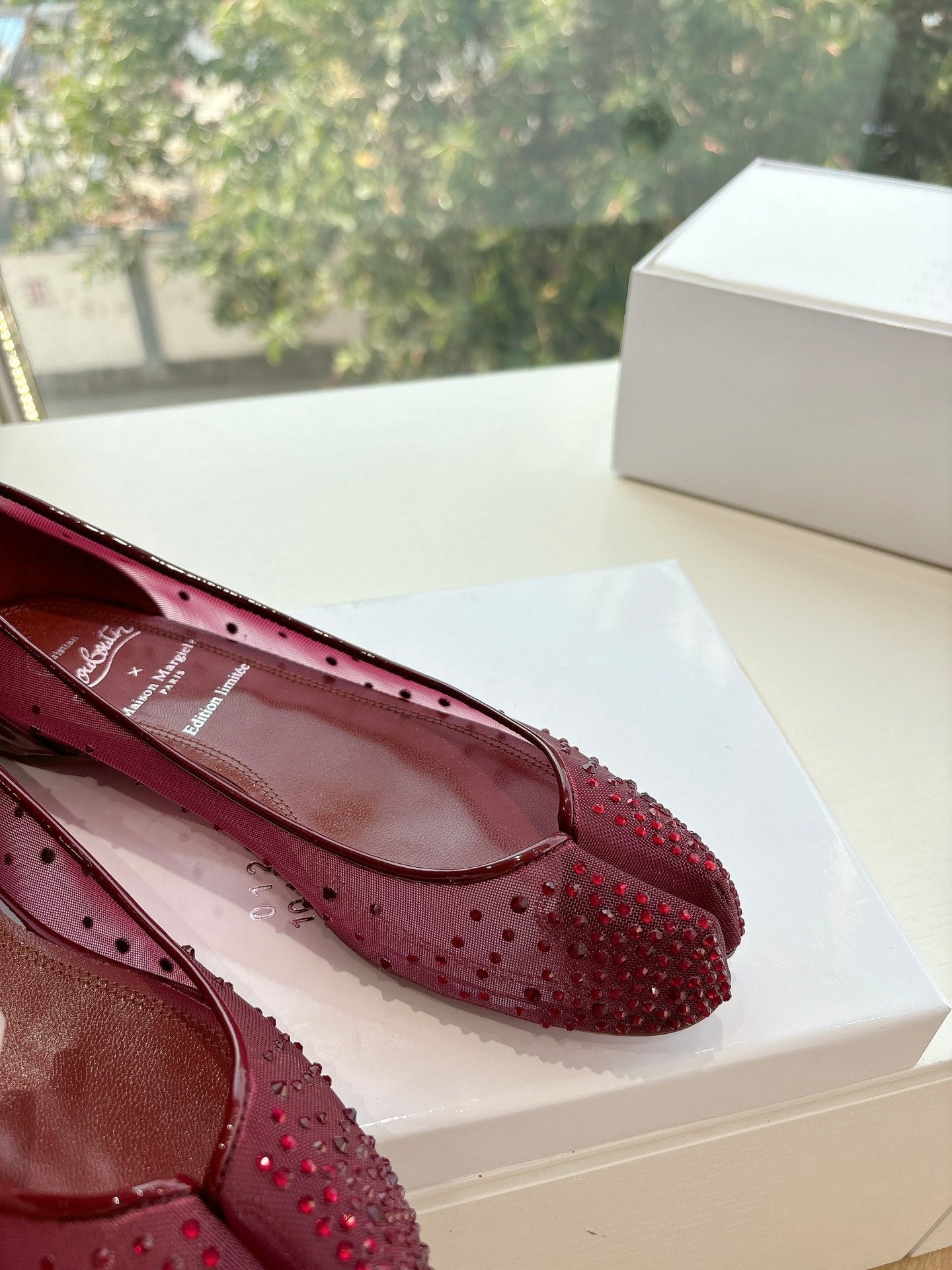 CRYSTAL STUDDED MARLOUGIELA STRASS BALLERINAS IN BURGUNDY RED CALFSKIN