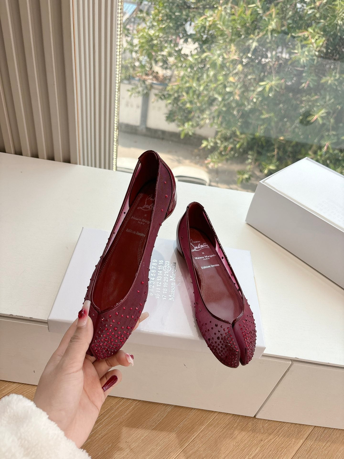 CRYSTAL STUDDED MARLOUGIELA STRASS BALLERINAS IN BURGUNDY RED CALFSKIN