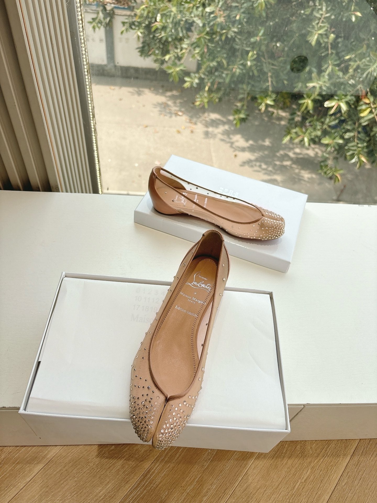 CRYSTAL STUDDED MARLOUGIELA STRASS BALLERINAS IN BEIGE CALFSKIN
