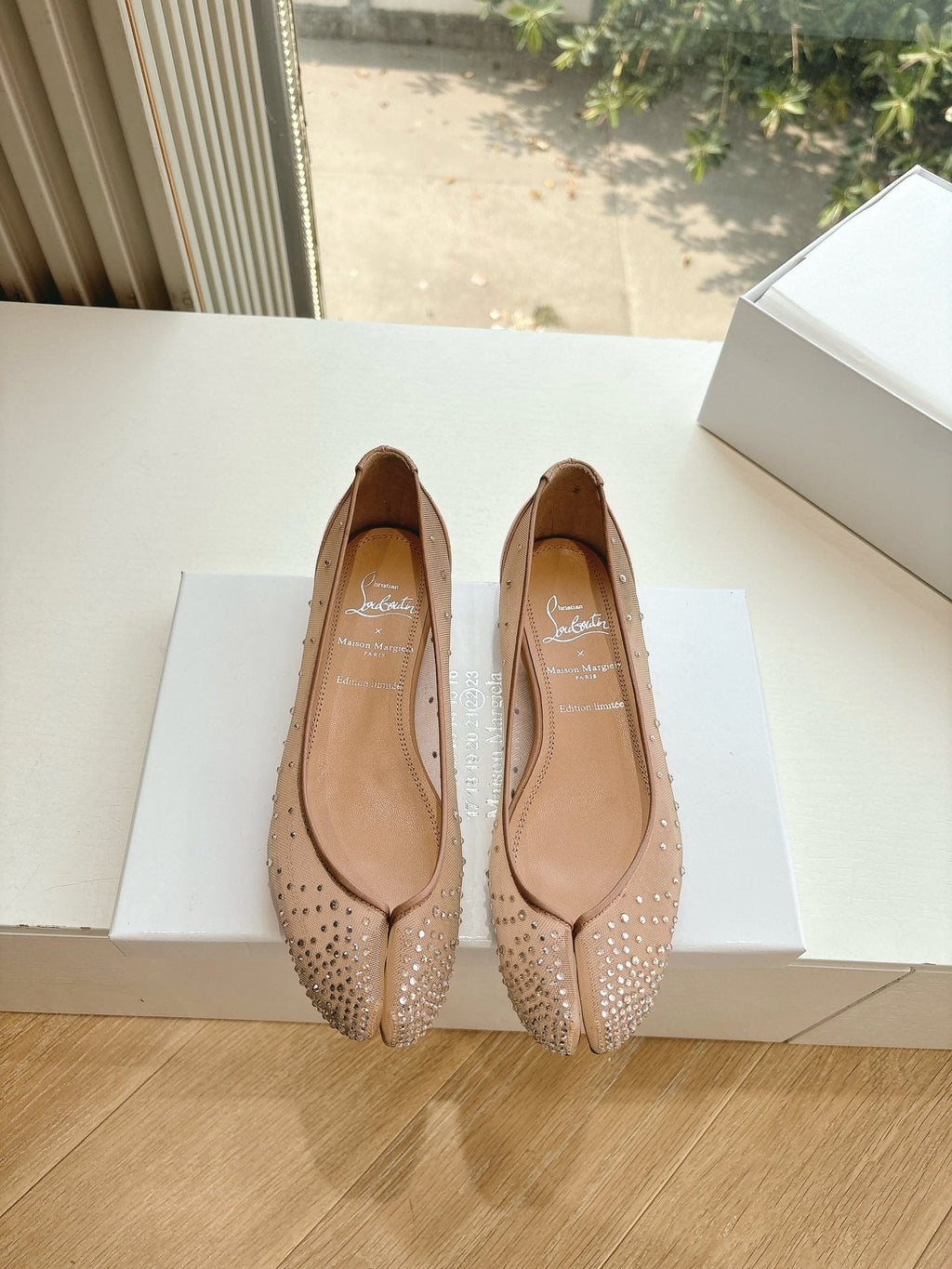 CRYSTAL STUDDED MARLOUGIELA STRASS BALLERINAS IN BEIGE CALFSKIN