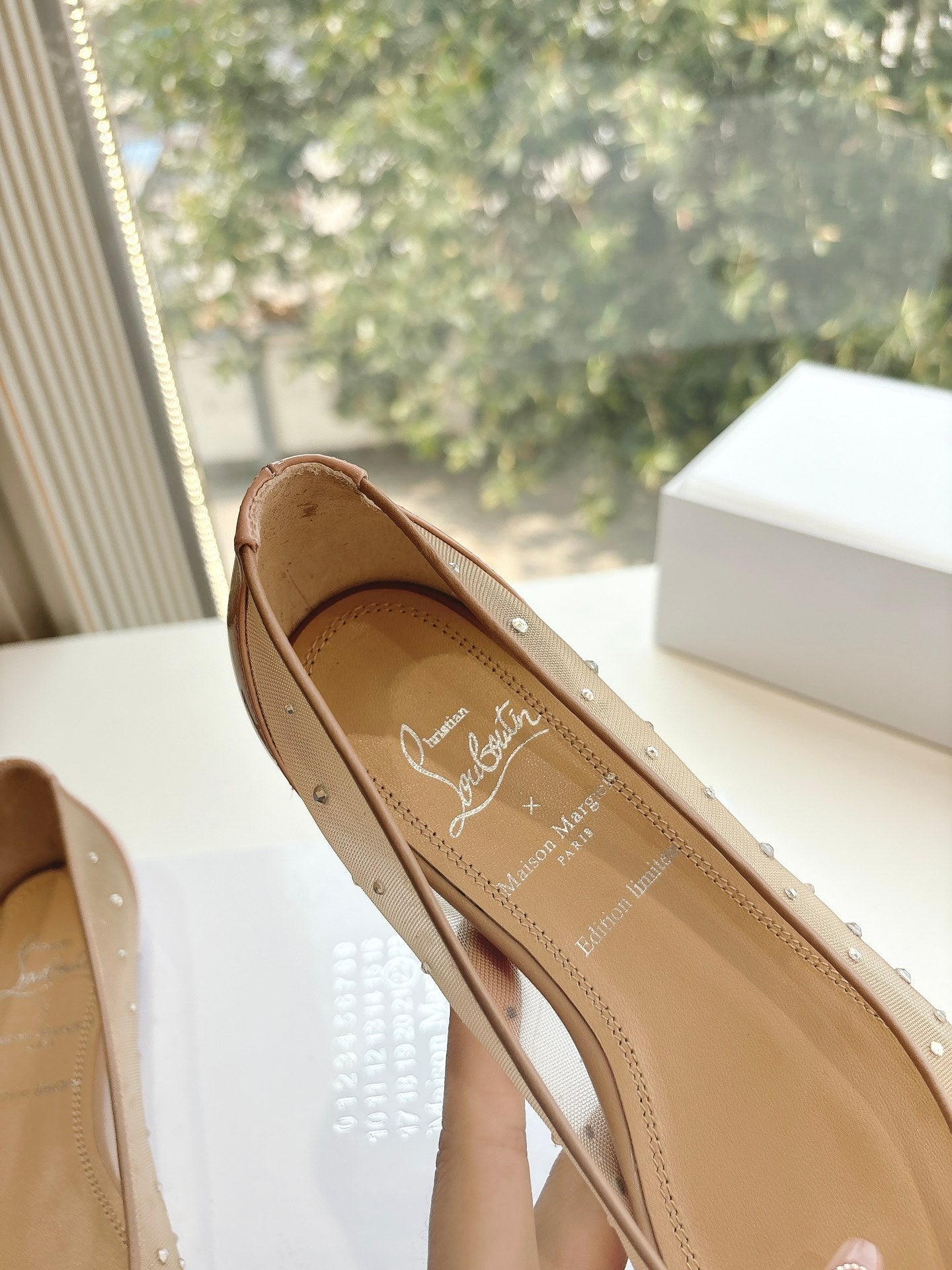 CRYSTAL STUDDED MARLOUGIELA STRASS BALLERINAS IN BEIGE CALFSKIN