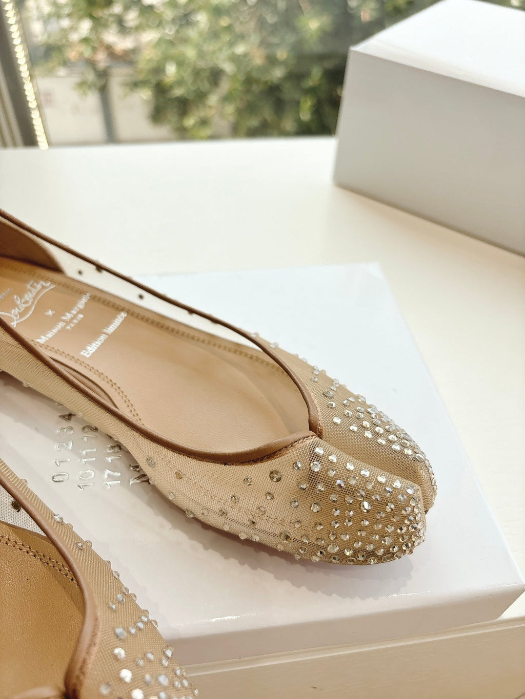 CRYSTAL STUDDED MARLOUGIELA STRASS BALLERINAS IN BEIGE CALFSKIN