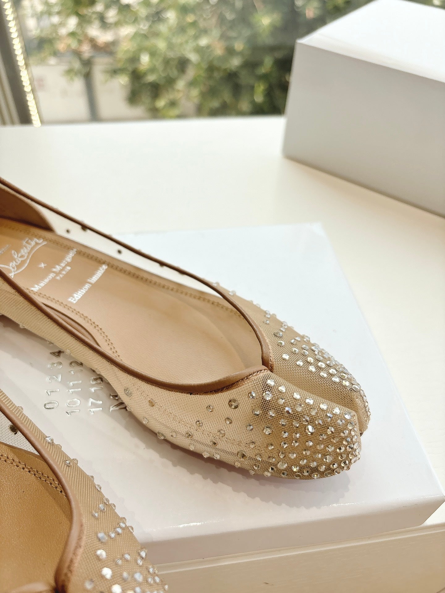 CRYSTAL STUDDED MARLOUGIELA STRASS BALLERINAS IN BEIGE CALFSKIN