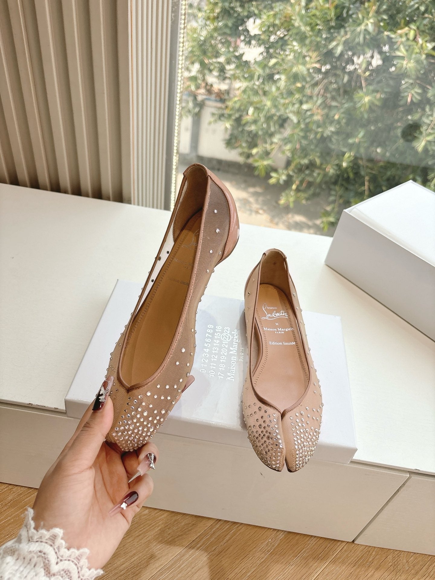 CRYSTAL STUDDED MARLOUGIELA STRASS BALLERINAS IN BEIGE CALFSKIN