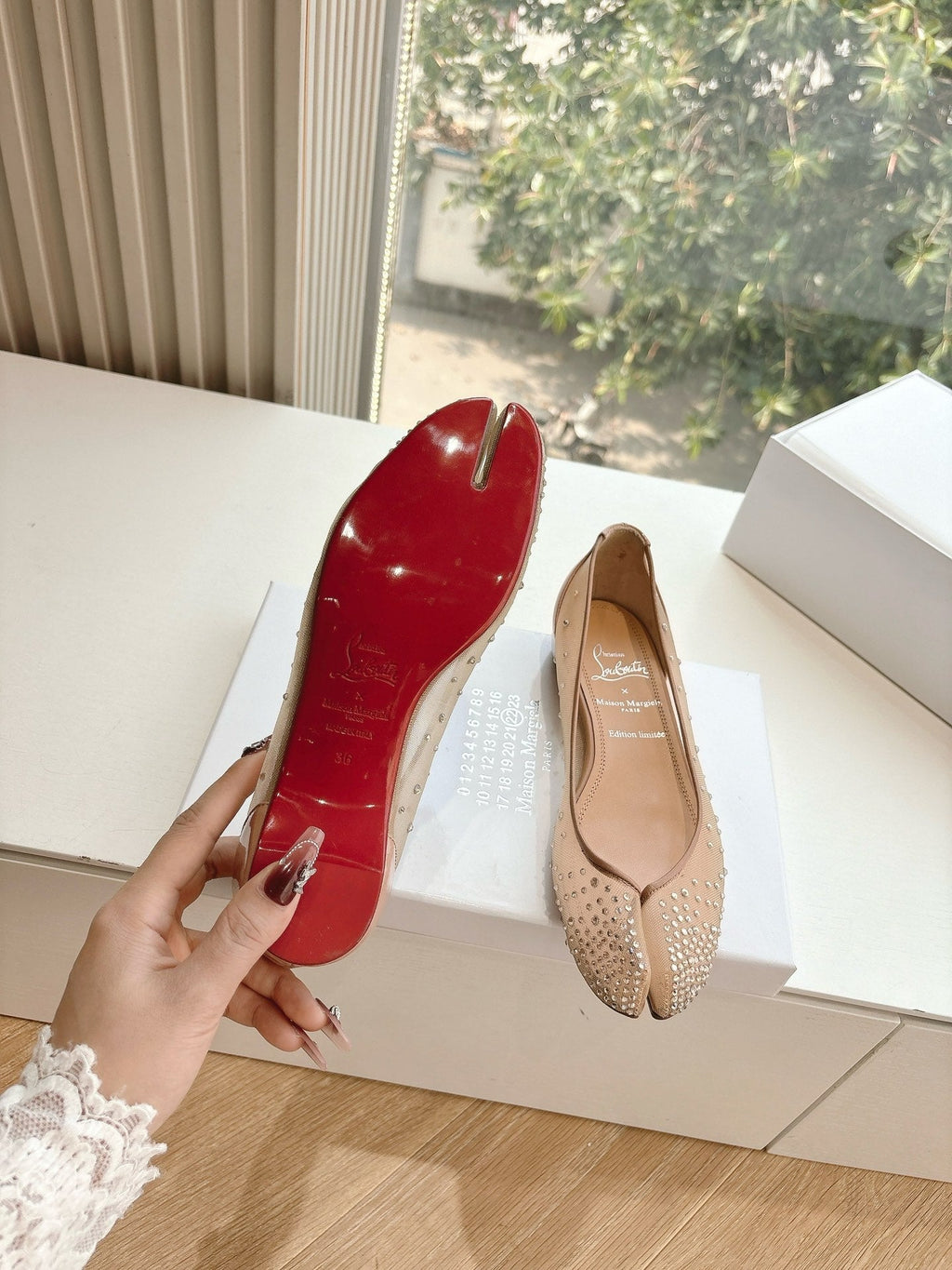CRYSTAL STUDDED MARLOUGIELA STRASS BALLERINAS IN BEIGE CALFSKIN
