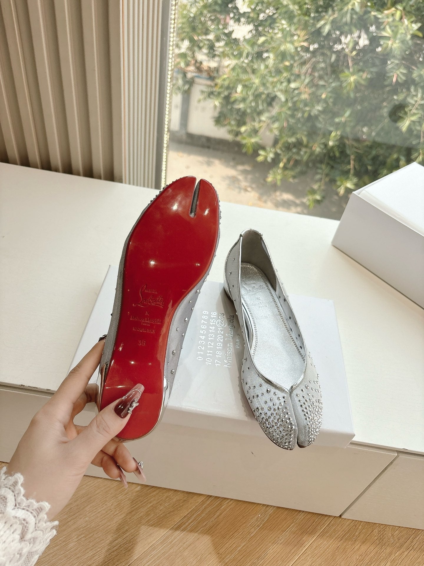 CRYSTAL STUDDED MARLOUGIELA STRASS BALLERINAS IN WHITE CALFSKIN