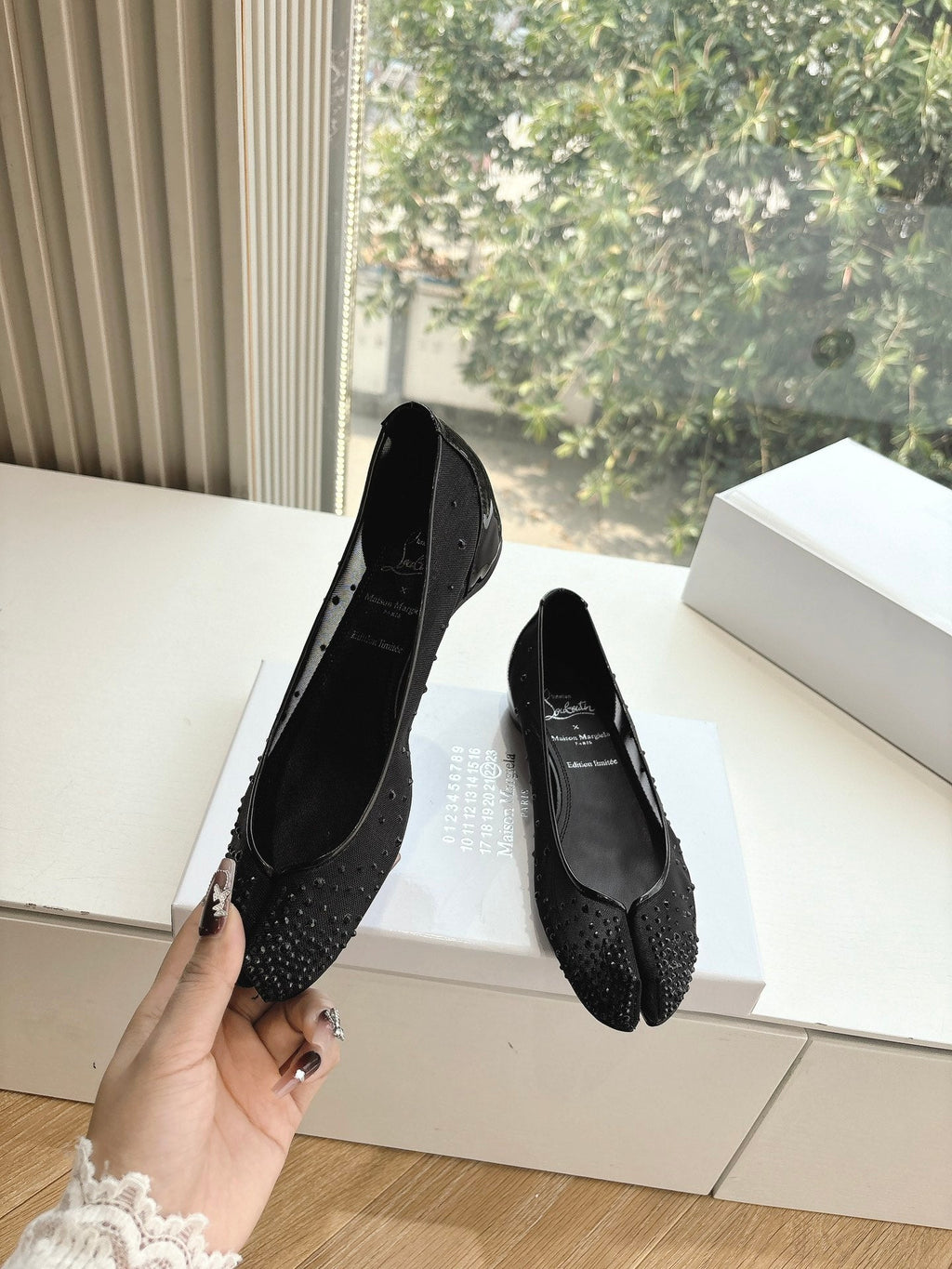 CRYSTAL STUDDED MARLOUGIELA STRASS BALLERINAS IN BLACK CALFSKIN