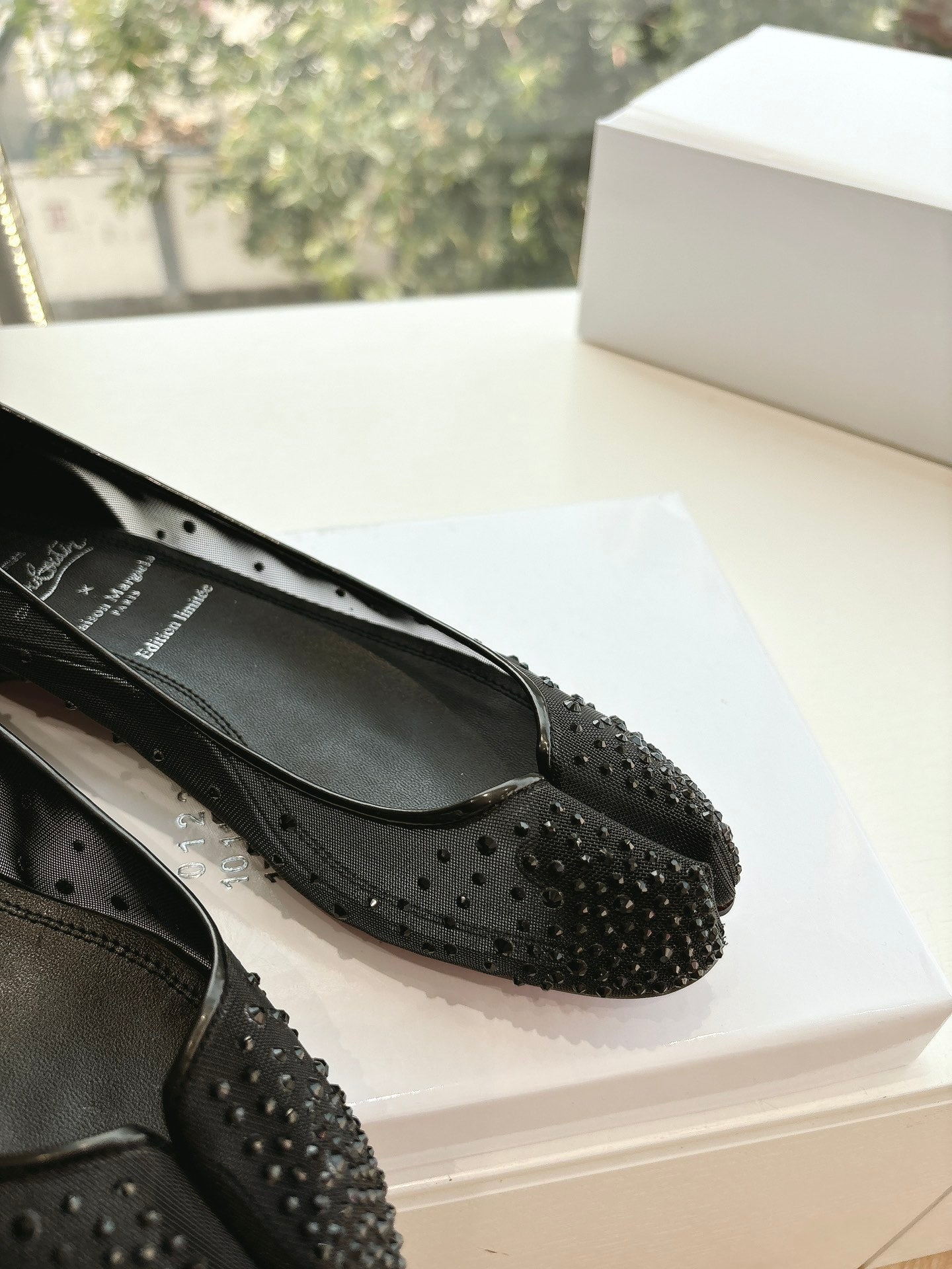 CRYSTAL STUDDED MARLOUGIELA STRASS BALLERINAS IN BLACK CALFSKIN
