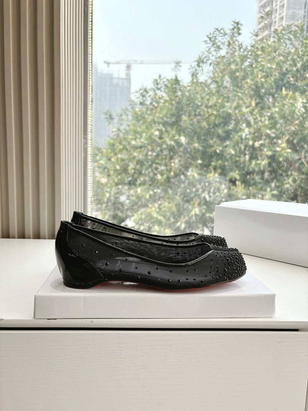 CRYSTAL STUDDED MARLOUGIELA STRASS BALLERINAS IN BLACK CALFSKIN