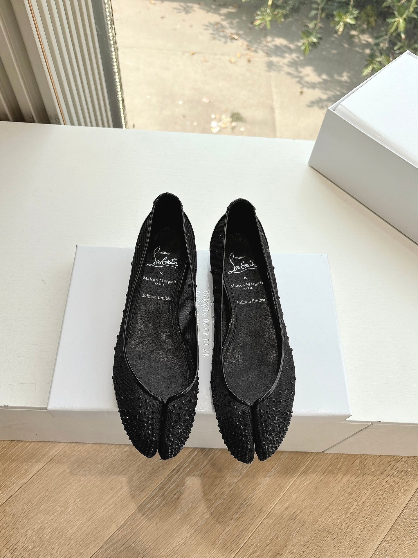 CRYSTAL STUDDED MARLOUGIELA STRASS BALLERINAS IN BLACK CALFSKIN