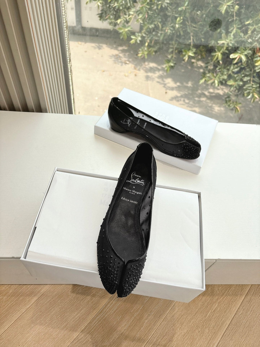 CRYSTAL STUDDED MARLOUGIELA STRASS BALLERINAS IN BLACK CALFSKIN