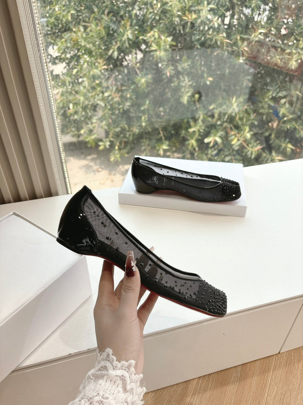 CRYSTAL STUDDED MARLOUGIELA STRASS BALLERINAS IN BLACK CALFSKIN