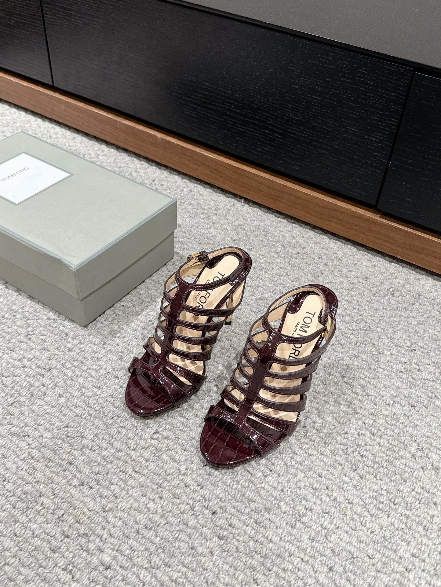 HIGH SANDAL 10 CM IN MAHOGANY RED CALFSKIN