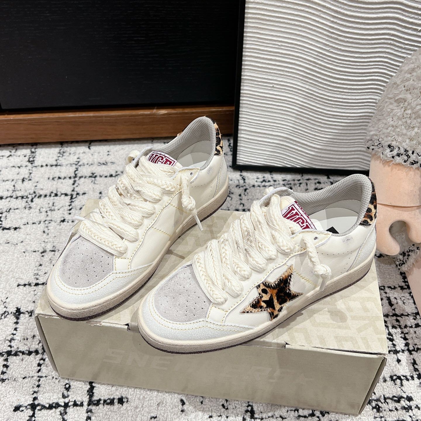BALL STAR SNEAKERS WHITE CALFSKIN WITH LEOPARD STAR AND HEEL LAB
