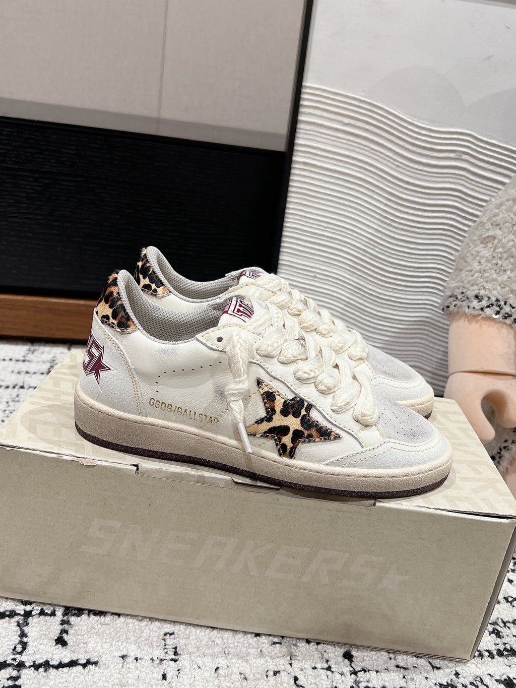 BALL STAR SNEAKERS WHITE CALFSKIN WITH LEOPARD STAR AND HEEL LAB