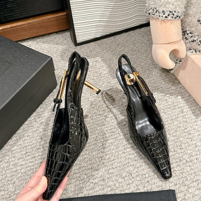 LEE SLINGBACK MID PUMPS IN BLACK CROCODILE SHINY CALFSKIN