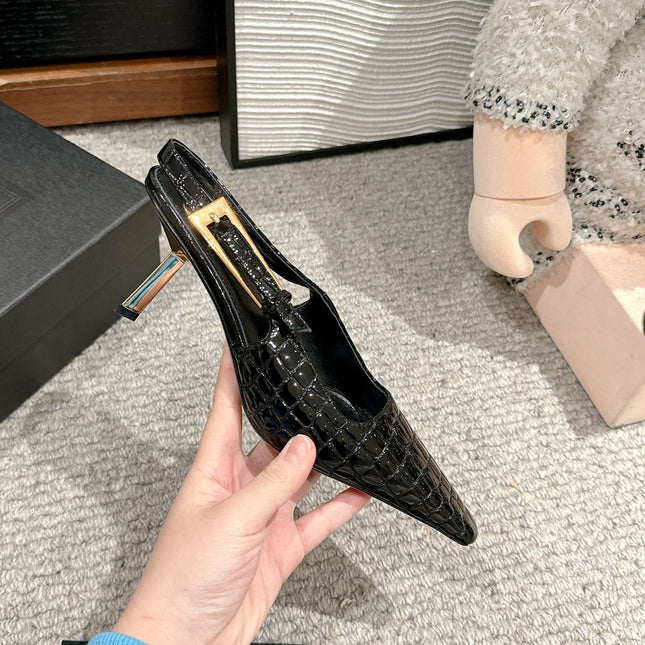 LEE SLINGBACK MID PUMPS IN BLACK CROCODILE SHINY CALFSKIN