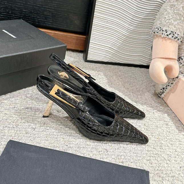 LEE SLINGBACK MID PUMPS IN BLACK CROCODILE SHINY CALFSKIN
