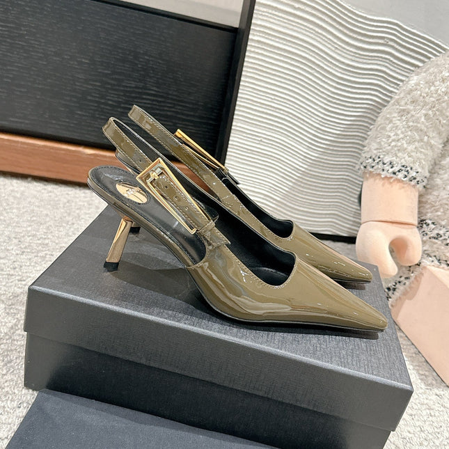 LEE SLINGBACK MID PUMPS IN ARMY GREEN SHINY CALFSKIN