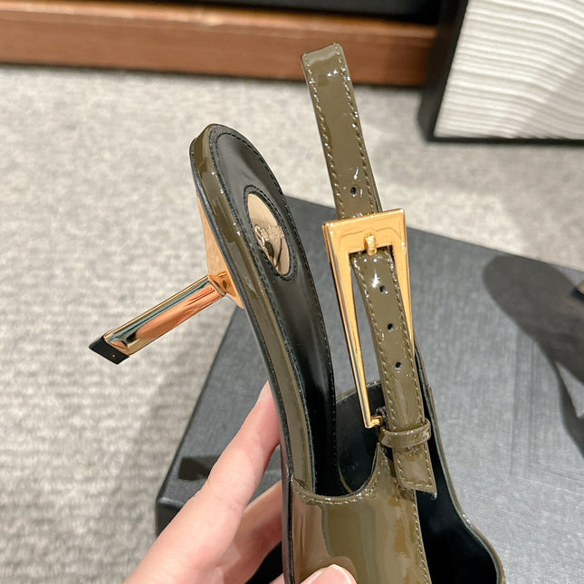 LEE SLINGBACK MID PUMPS IN ARMY GREEN SHINY CALFSKIN