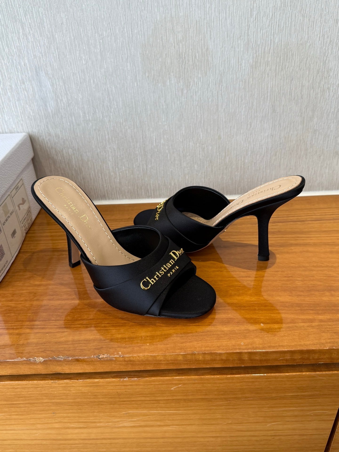 PEEP TOE SANDAL 25S HEELS 10CM IN BLACK SATIN