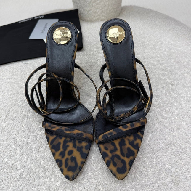 YSL 25S STRAPPY HIGH-HEEL SANDALS 95 MM IN LEOPARD PRINT LAMBSKIN