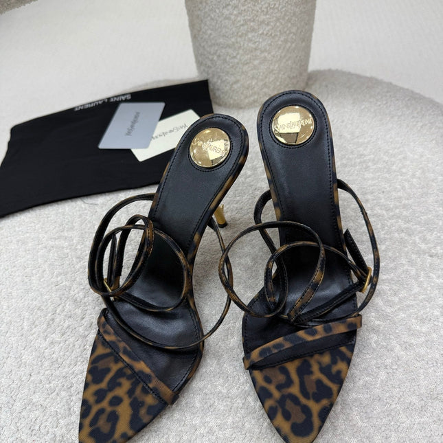YSL 25S STRAPPY HIGH-HEEL SANDALS 95 MM IN LEOPARD PRINT LAMBSKIN