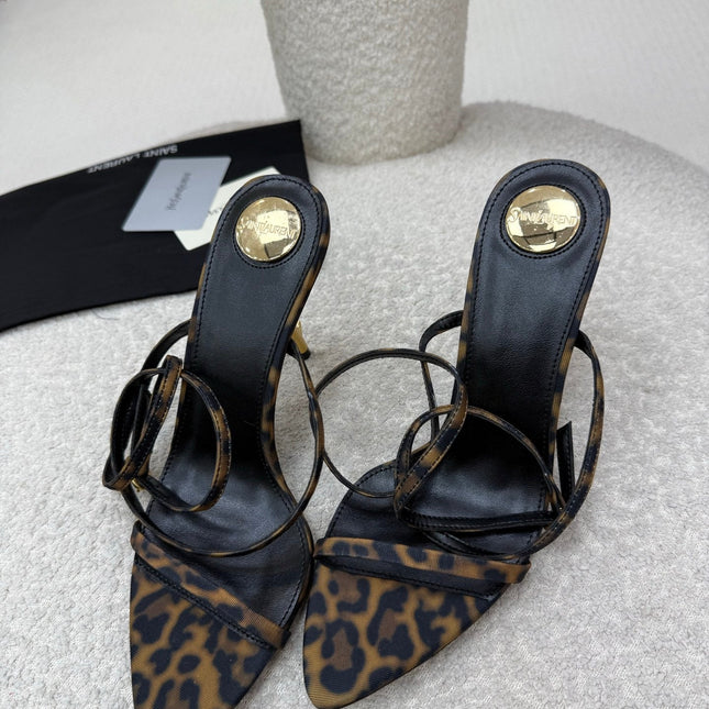YSL 25S STRAPPY HIGH-HEEL SANDALS 95 MM IN LEOPARD PRINT LAMBSKIN