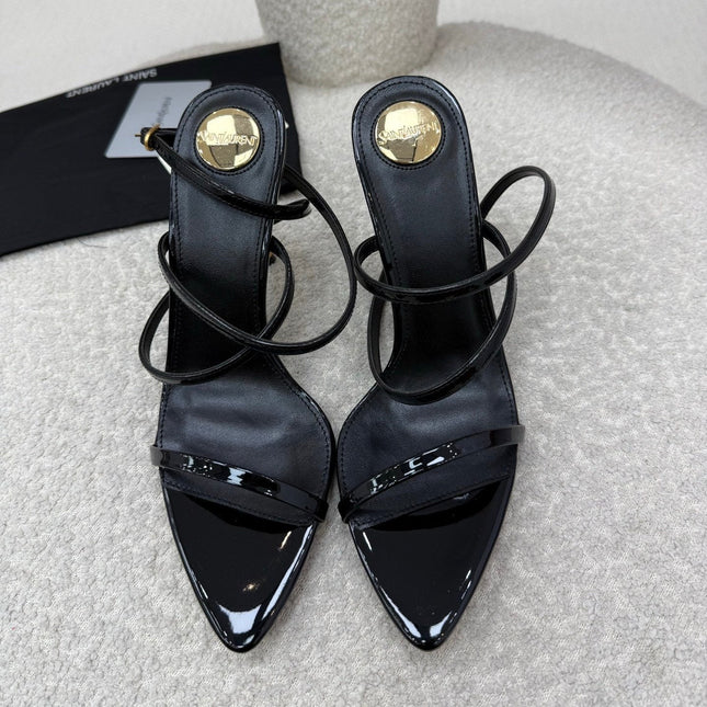 YSL 25S STRAPPY HIGH-HEEL SANDALS 95 MM IN BLACK SHINY LAMBSKIN