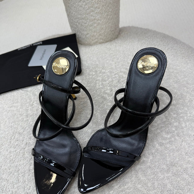 YSL 25S STRAPPY HIGH-HEEL SANDALS 95 MM IN BLACK SHINY LAMBSKIN