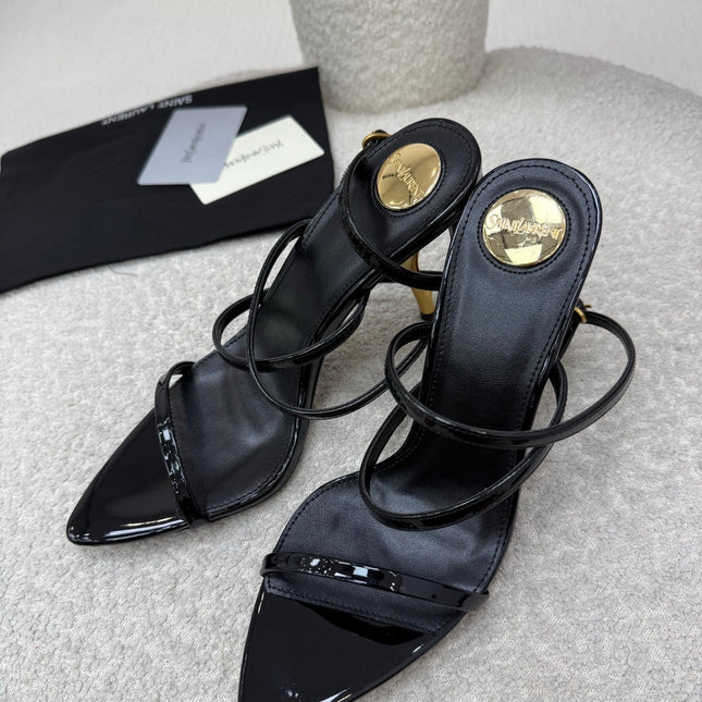 YSL 25S STRAPPY HIGH-HEEL SANDALS 95 MM IN BLACK SHINY LAMBSKIN